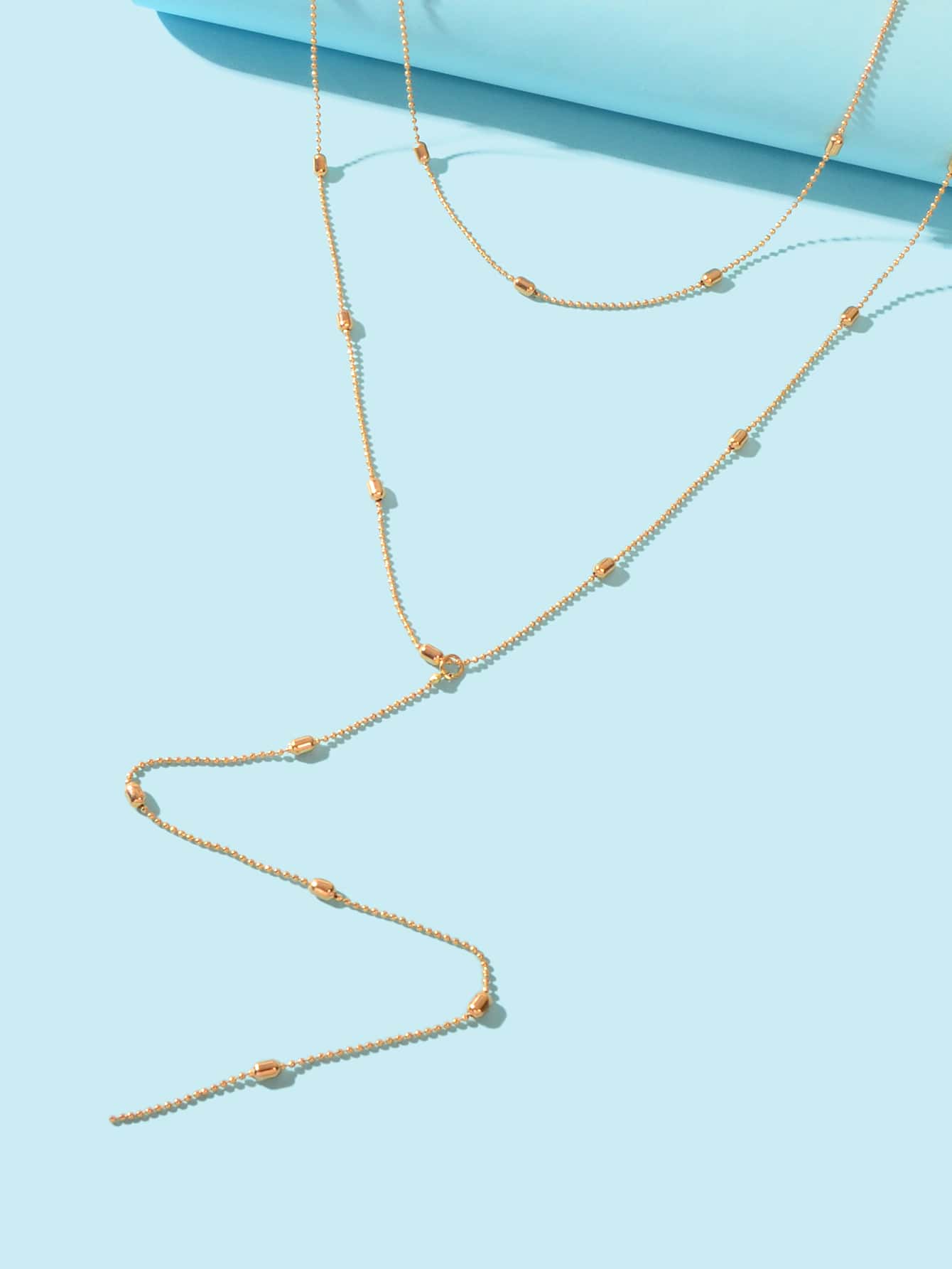 Double-Layered Beaded Wave Chain Tassel Necklace Elegant Statement Piece-2