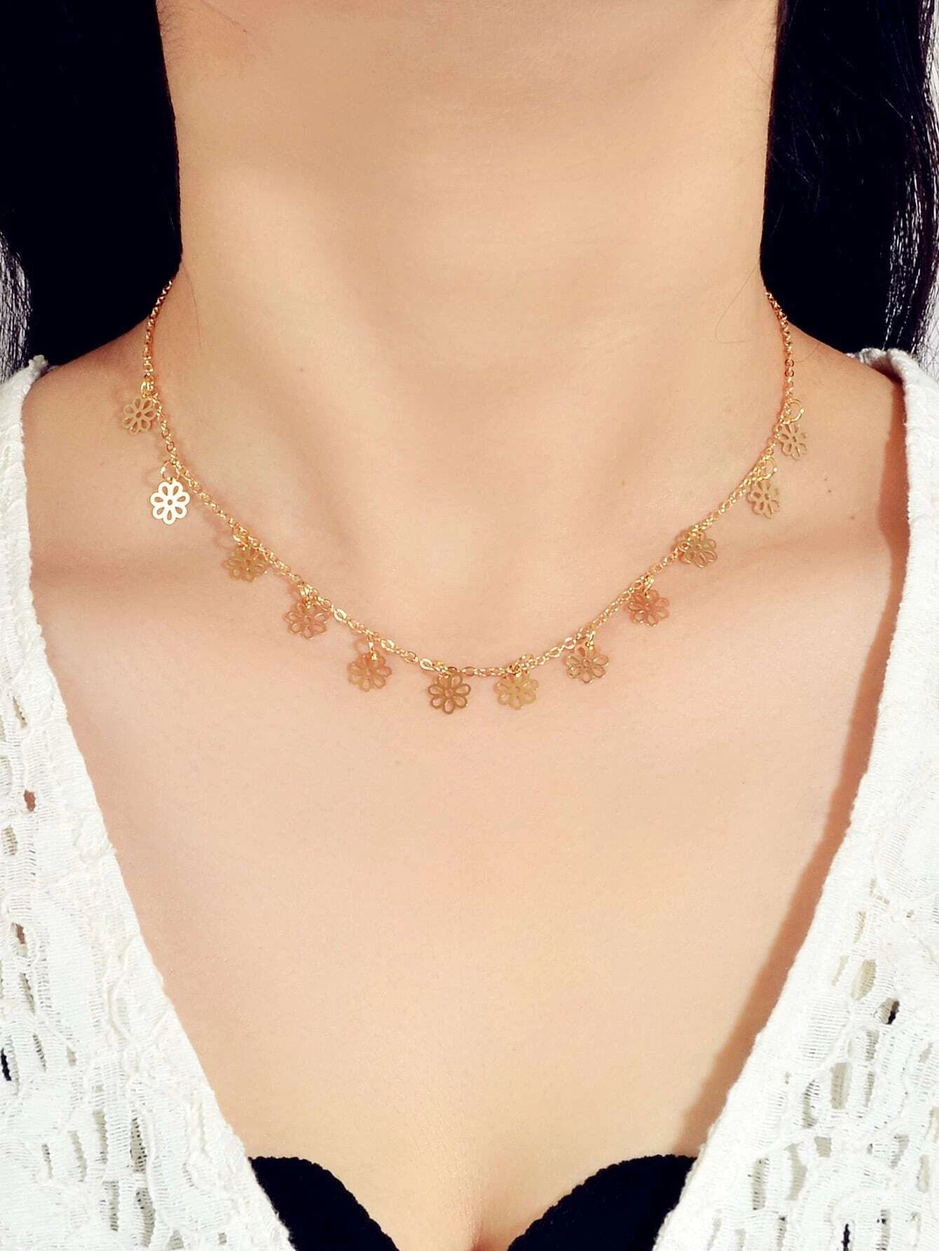 Minimalist Style Gold Silver Flower Charm Necklace Fashion Women Accessories-4