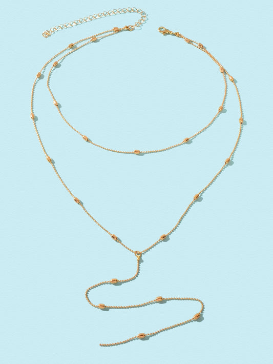 Double-Layered Beaded Wave Chain Tassel Necklace Elegant Statement Piece-1