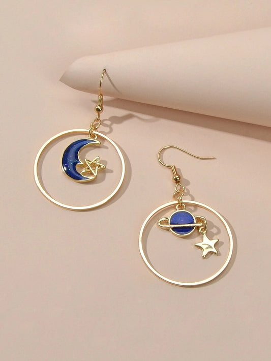 Star Moon Planet Globe Circle Asymmetric Dangle Women Teens Round Hoop Earrings-0