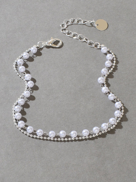 Double layer Silver Popcorn Chain Pearl Adjustable Anklet Beach Foot Jewellery-1