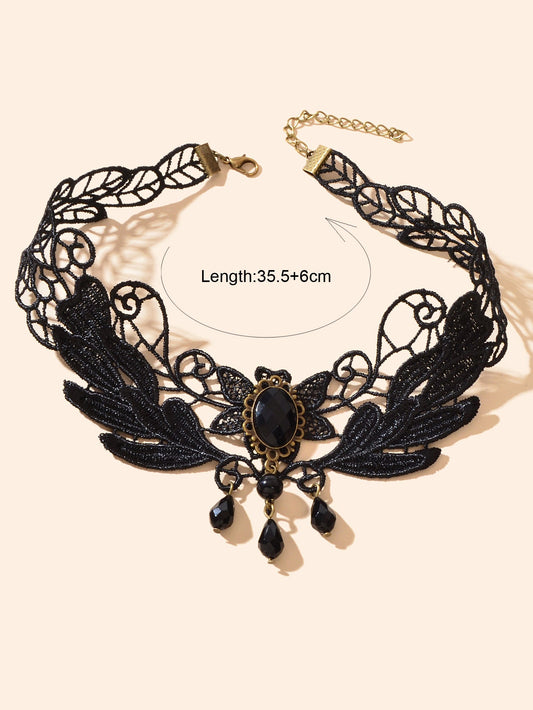 Black Hollow Collar Gothic Leaf Tattoo Lace Choker Costume Party Vintage Jewelry-1