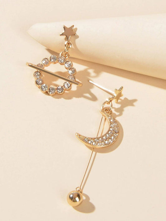 Fashion Rhinestone Ball Pendant Gold Moon Planet Asymmetric Drop Dangle Earrings-1